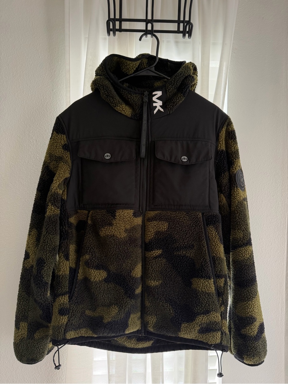 Michael Kors Olive Green & Black Camo Sherpa Hooded Jacket